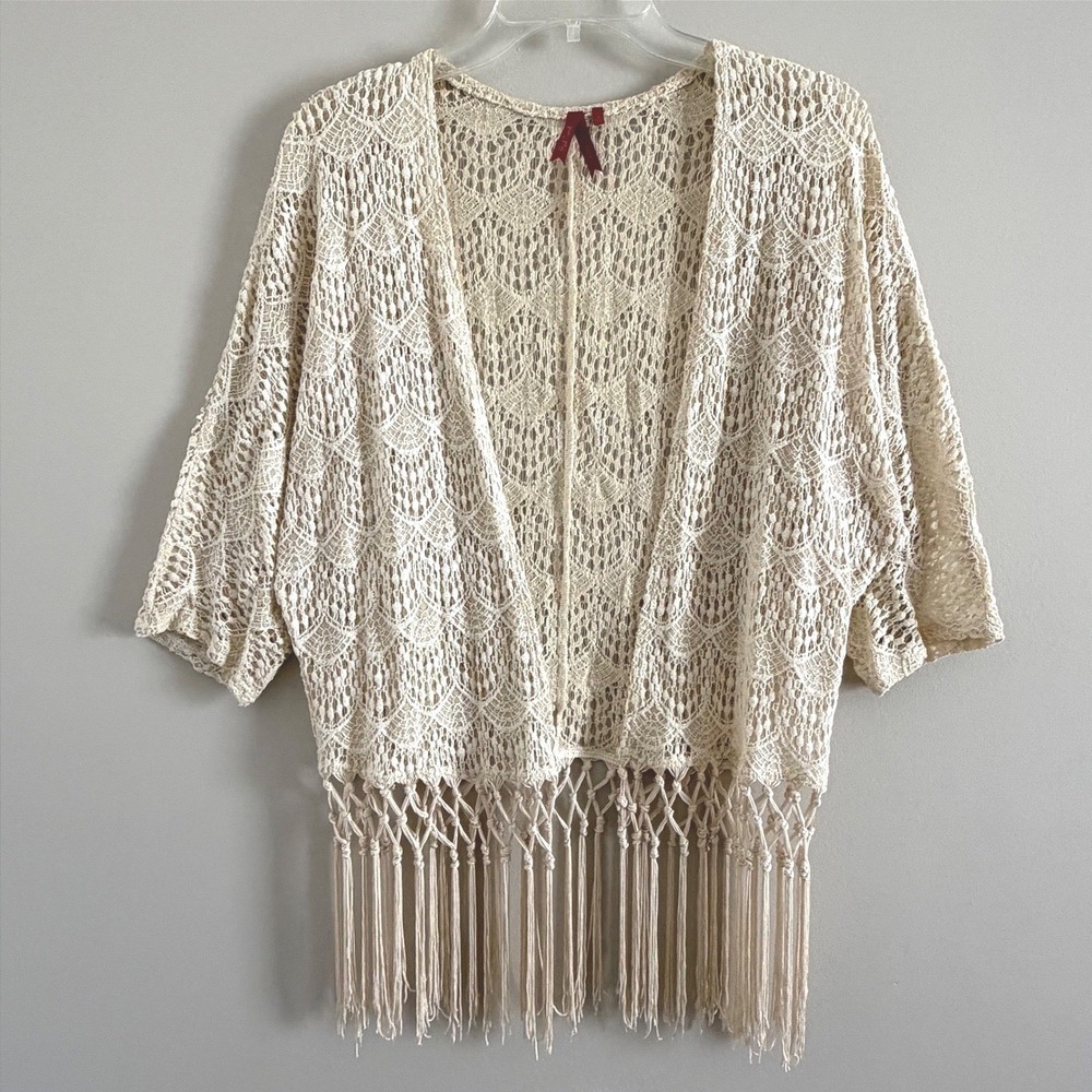 Red Camel Women's Small Boho Western Crochet Fringe Kimono Cardigan Beige